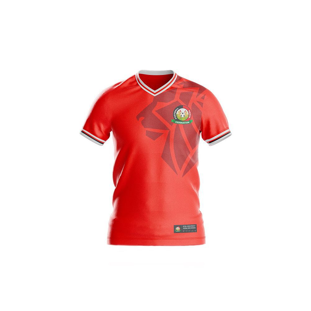 Custom-printed red football jersey with team crest and sponsor space by Almasi Prints